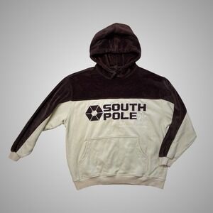 Vintage Southpole Mens Velour Hoodie Brown Cream Embroidered Logo Y2K Large